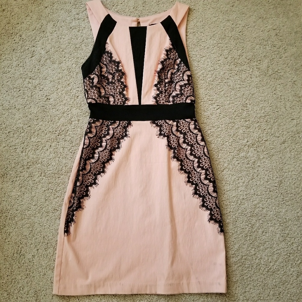 Black lace and peach event dress